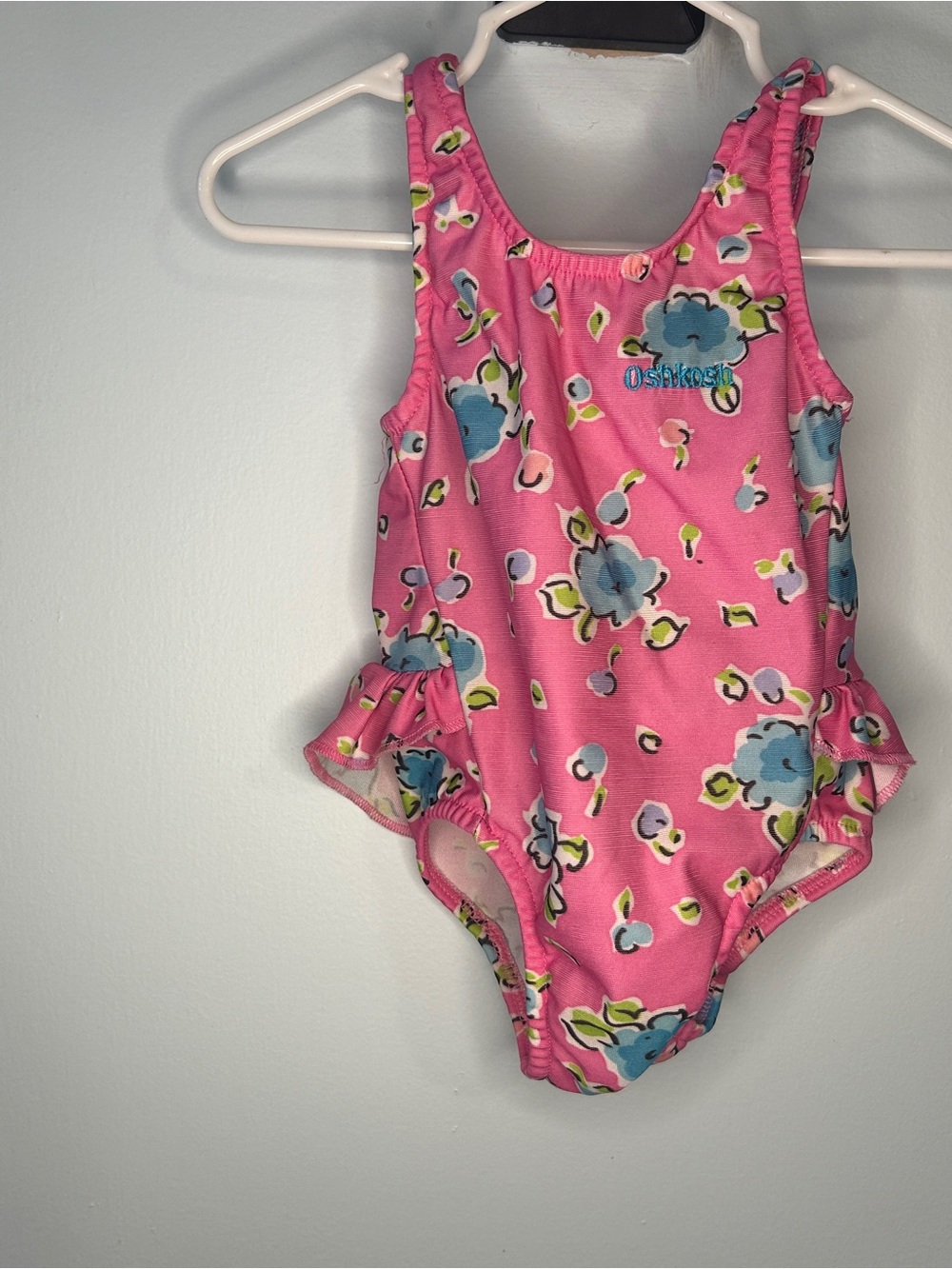 Vintage 80s OshKosh B'gosh Pink Floral Ruffle Toddler One-Piece Swimsuit